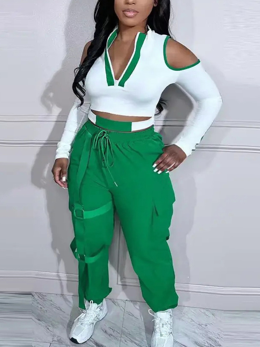 LW Plus Size Striped Cut Out Drawstring Pants Set
