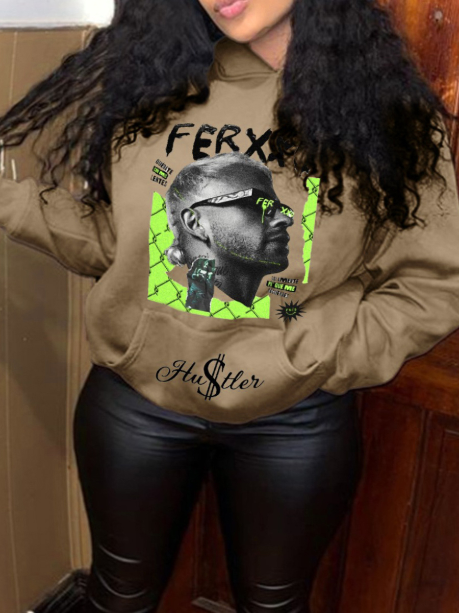 LW Plus Size Figure Letter Print Kangaroo Pocket Hoodie