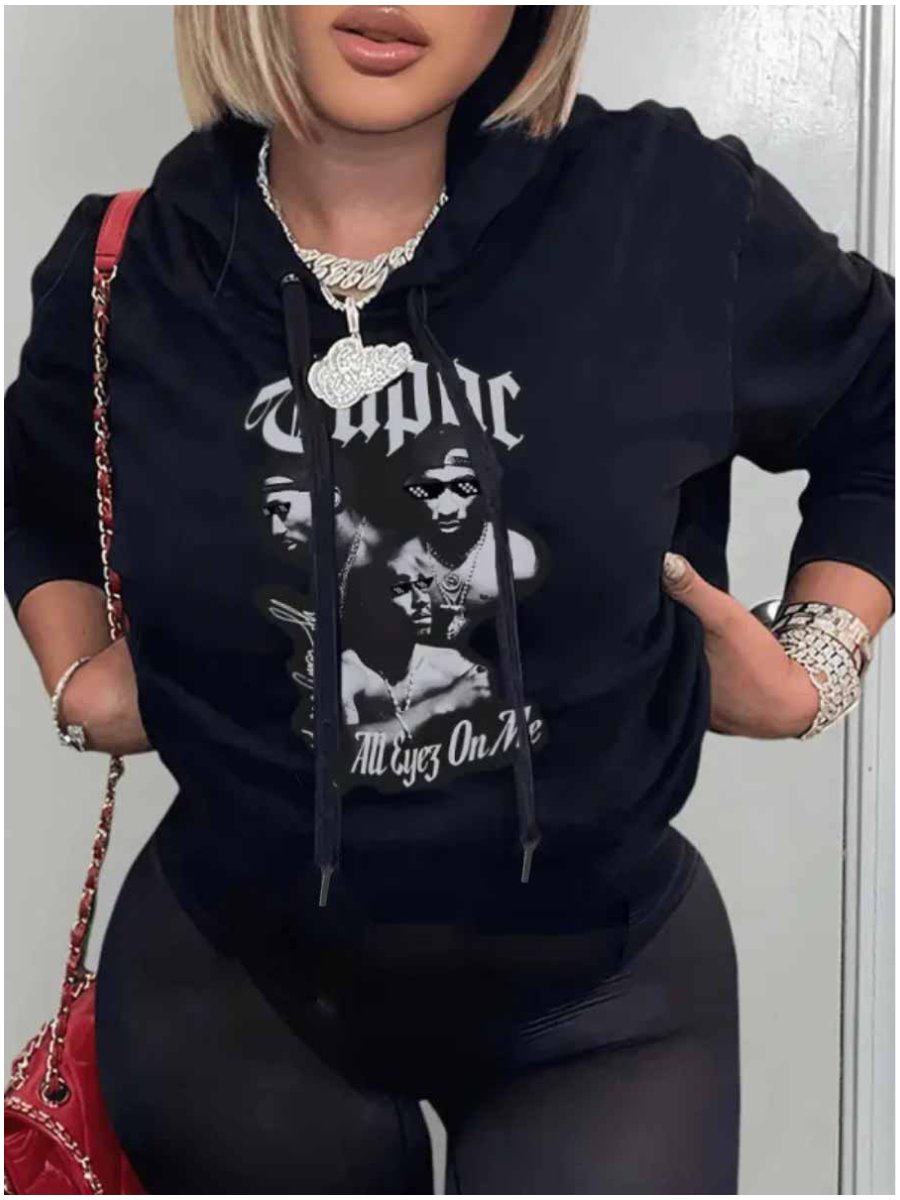 LW Figure Letter Print Kangaroo Pocket Hoodie
