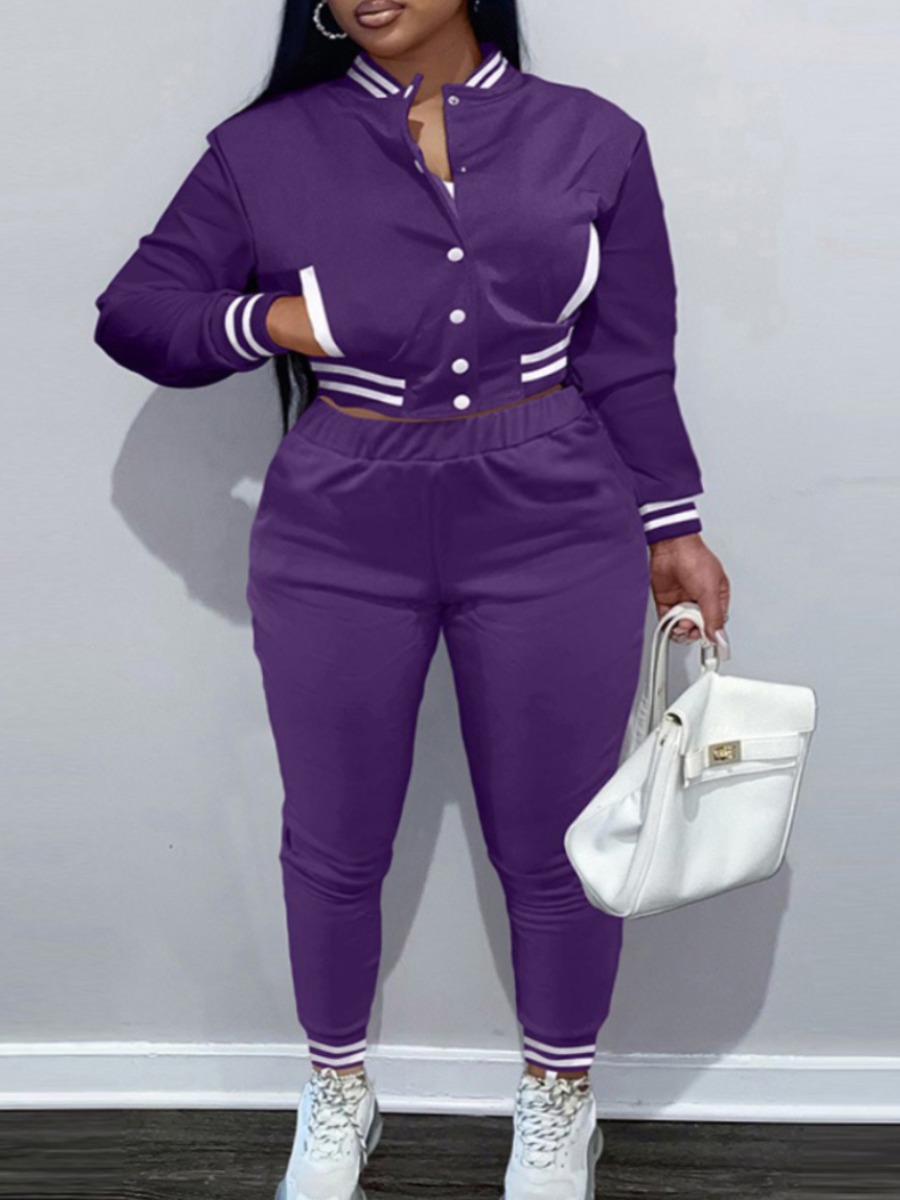 LovelyWholesale Plus Size Pocket Design Striped Pants Set Fall Long Sleeve Casual Pocket Design Baseball Collar  3X Spring Summer 2024