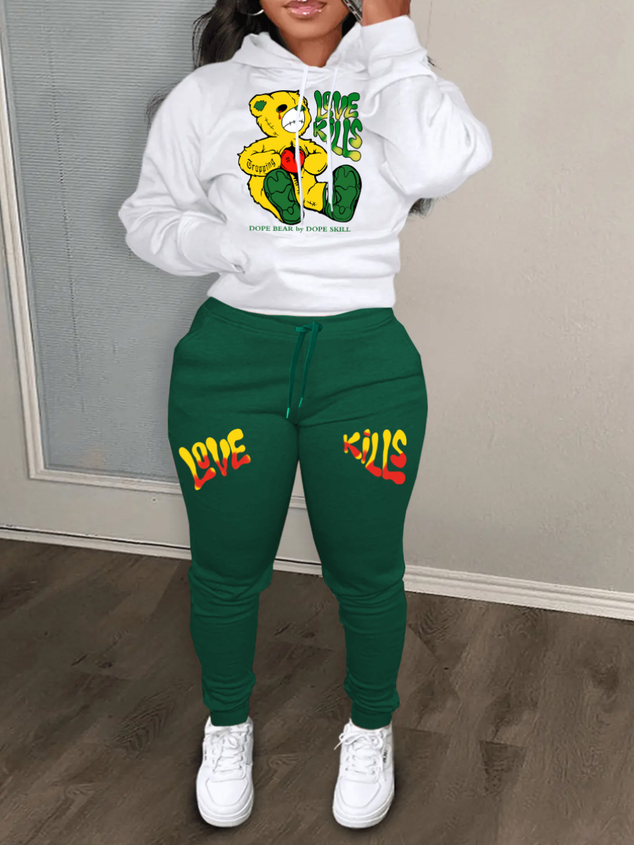 LW Teddy Bear Letter Print Kangaroo Pocket Tracksuit Set