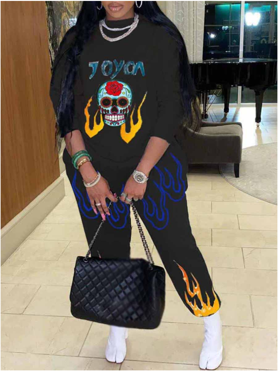 LW Skull Head Blaze Letter Print Pants Set
