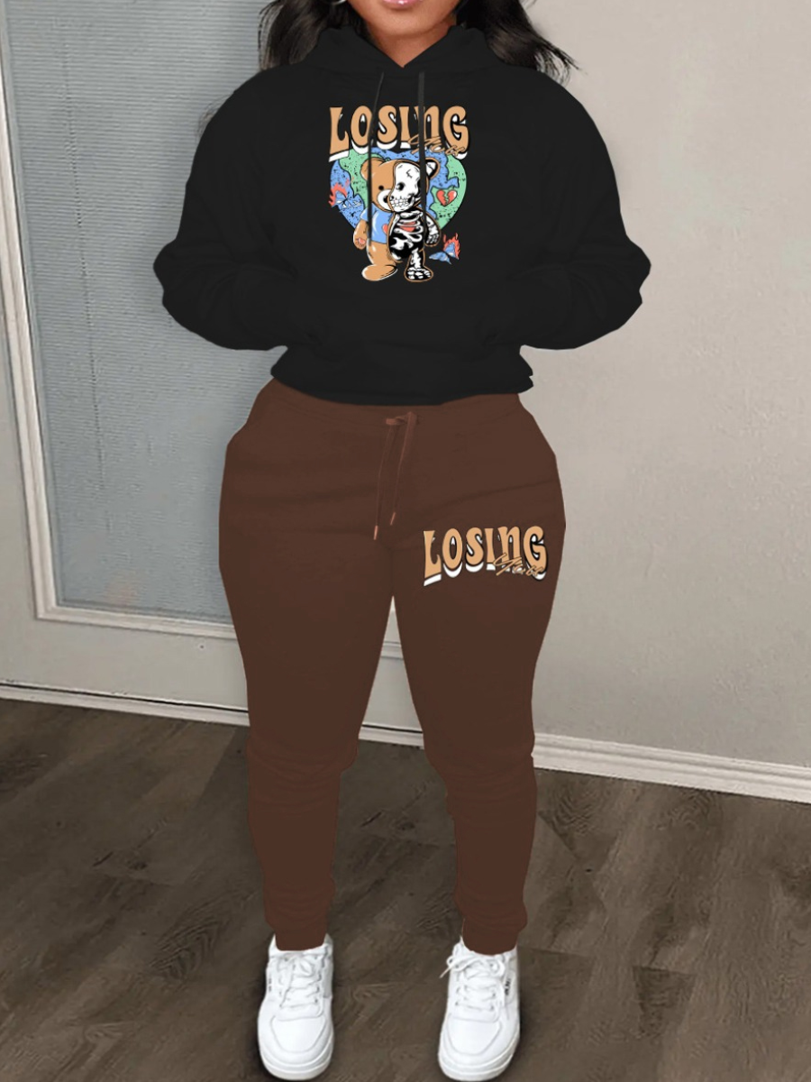 LW Drawstring Pattern Kangaroo Pocket Print Skinny Two-piece Pants Set