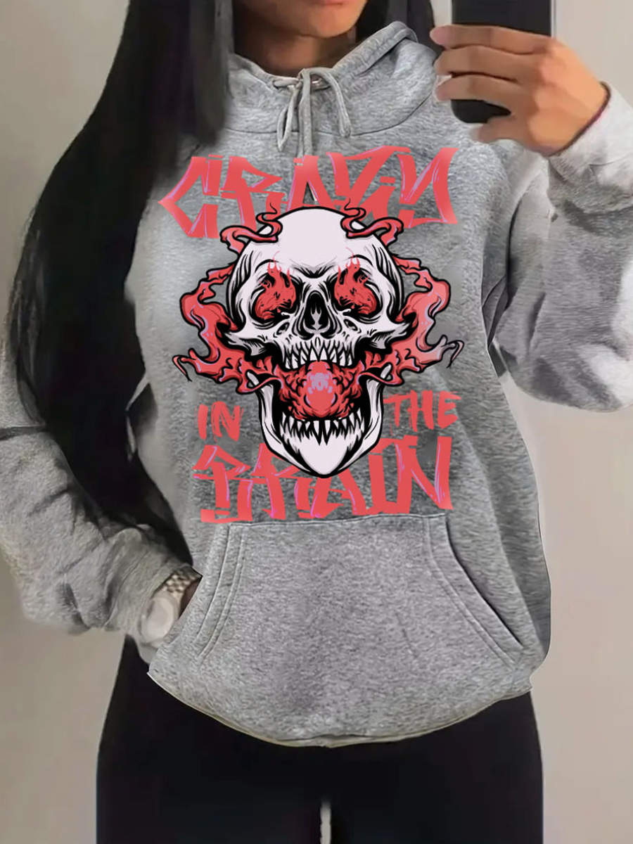 LW Plus Size Skull Head Letter Print Kangaroo Pocket Hoodie