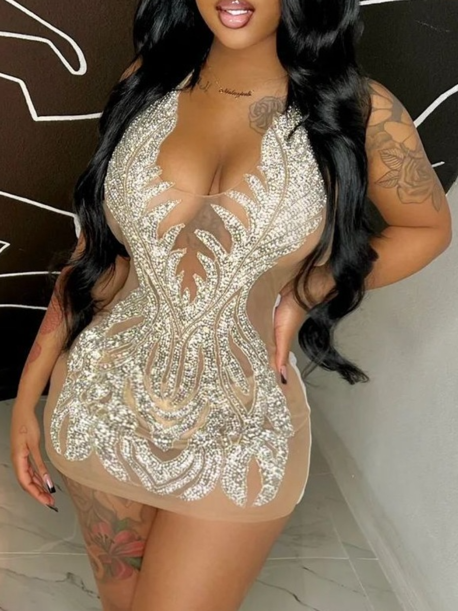 LW Backless See Through Rhinestone Bodycon Dress