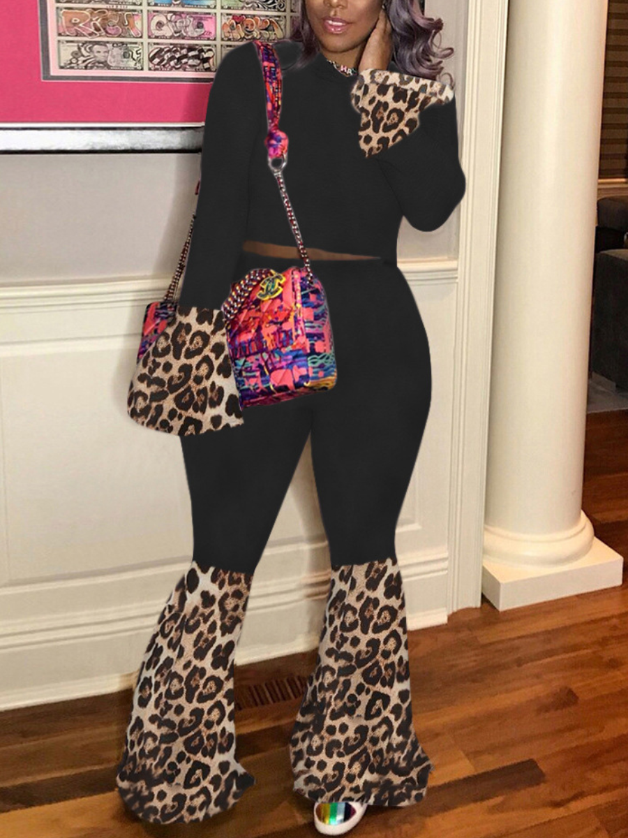 LW Plus Size Crop Top Leopard Print Pants Set