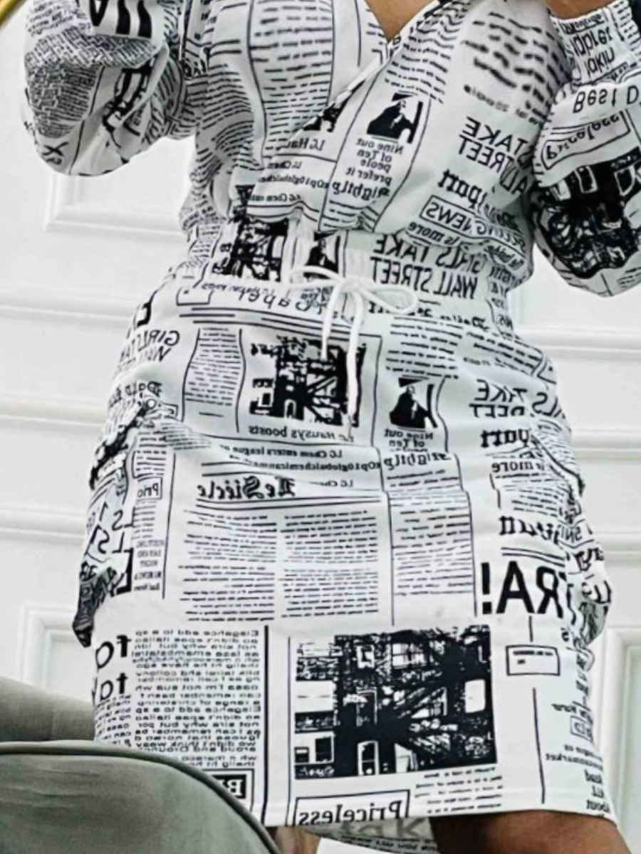 LW SXY Plus Size Newspaper Print Drawstring Side Pocket Bodycon Dress 0X