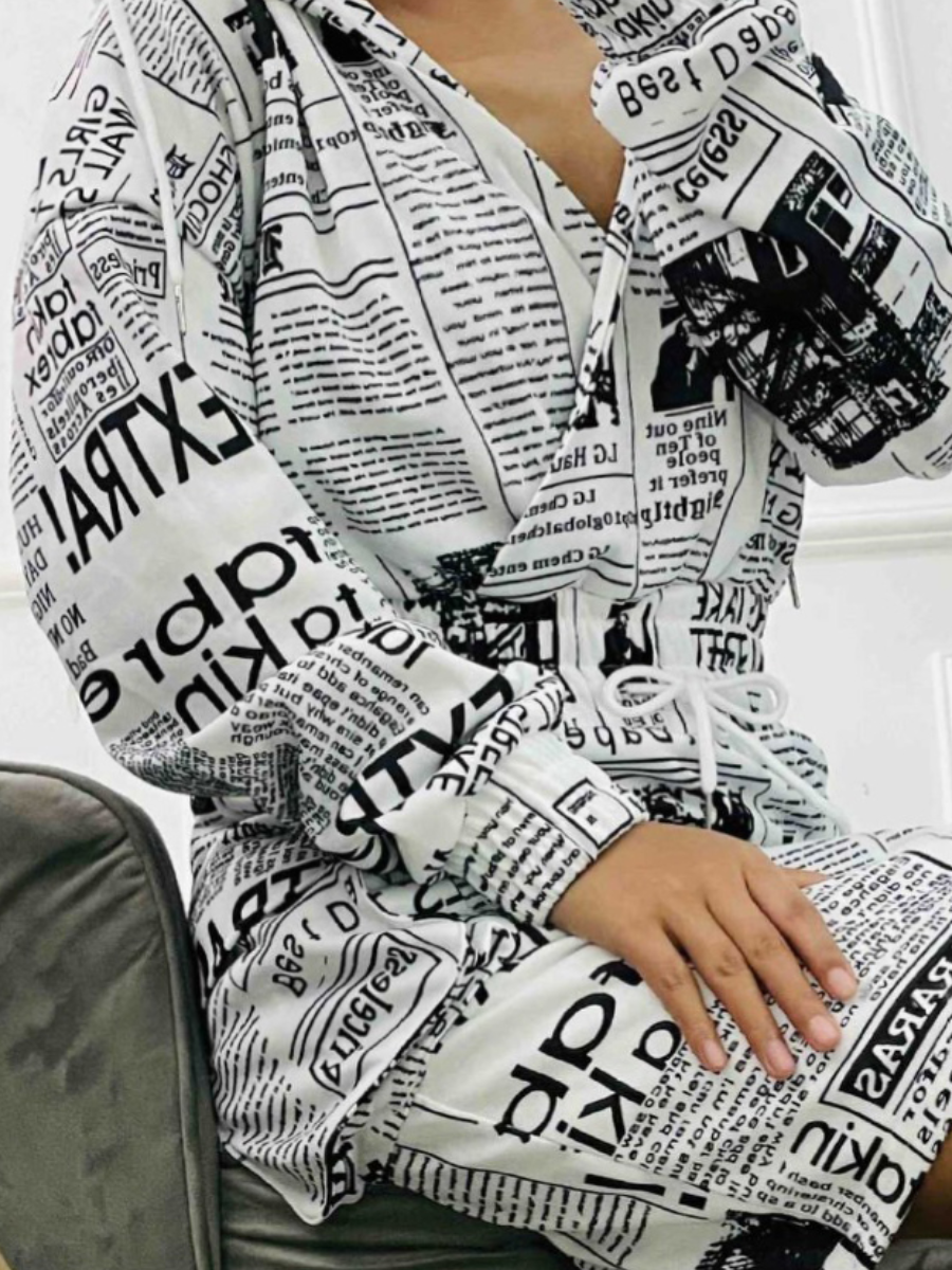 LW SXY Plus Size Newspaper Print Drawstring Side Pocket Bodycon Dress 0X