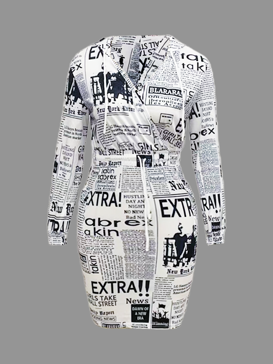 LW SXY Plus Size Newspaper Print Drawstring Side Pocket Bodycon Dress 0X