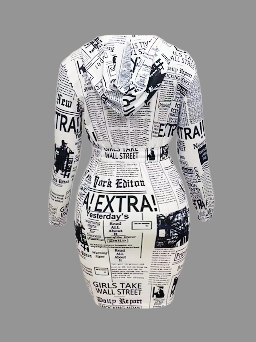 LW SXY Plus Size Newspaper Print Drawstring Side Pocket Bodycon Dress 0X