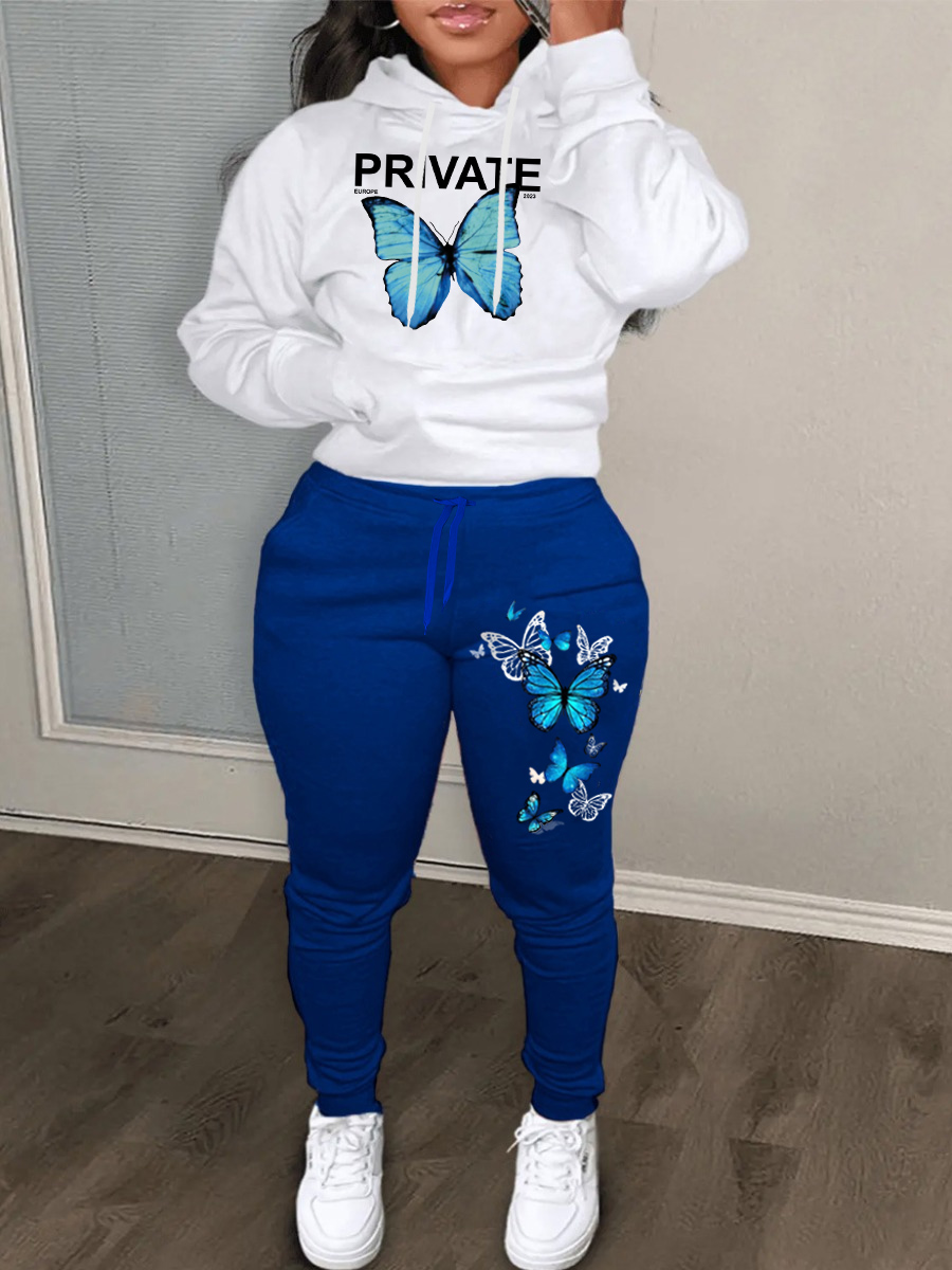 LovelyWholesale Plus Size Butterfly Letter Print Kangaroo Pocket Tracksuit Set Fall Long Sleeve Casual Hooded Collar  3X Spring Summer 2024