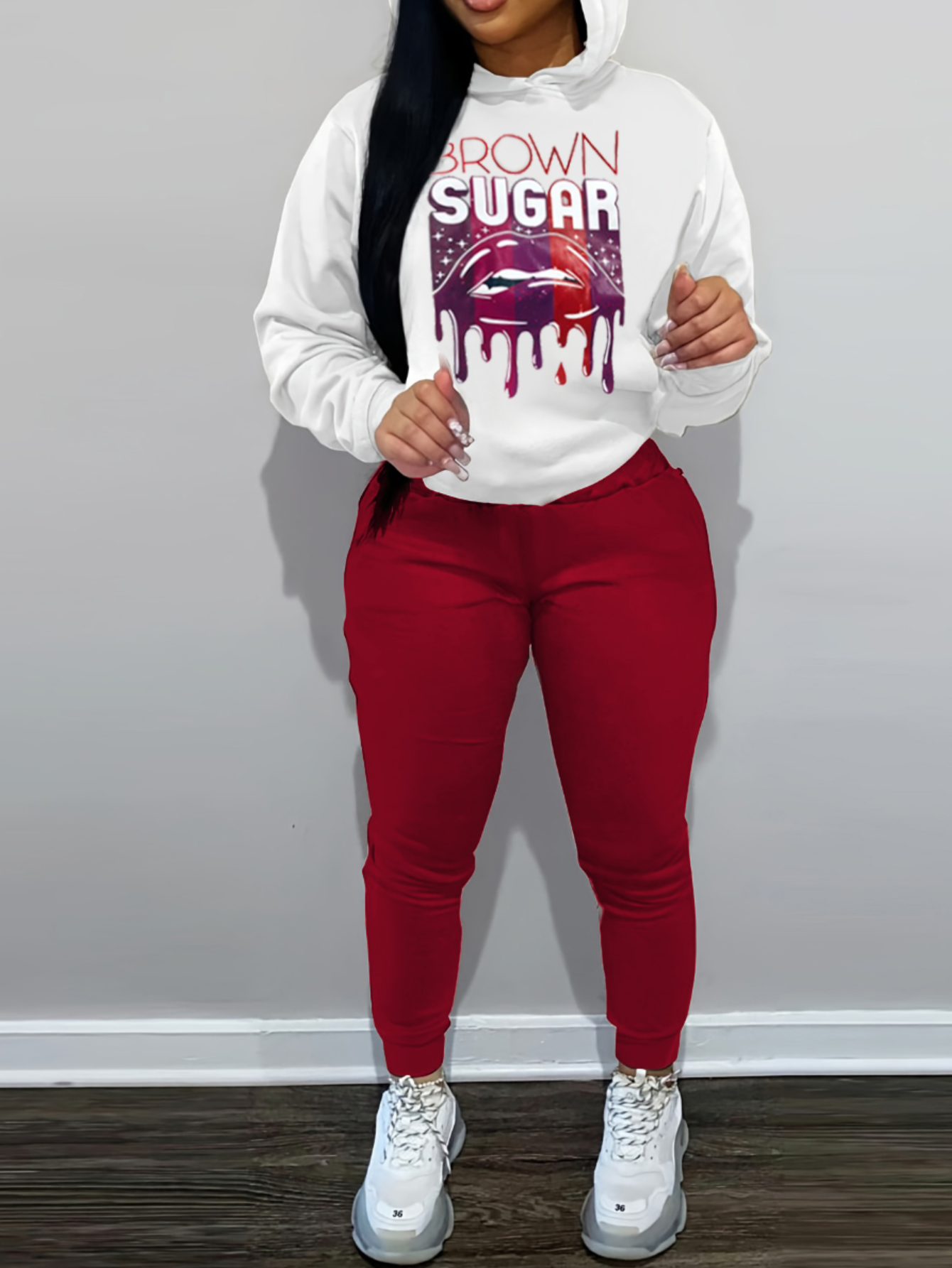LW Lip Letter Print Kangaroo Pocket Tracksuit Set