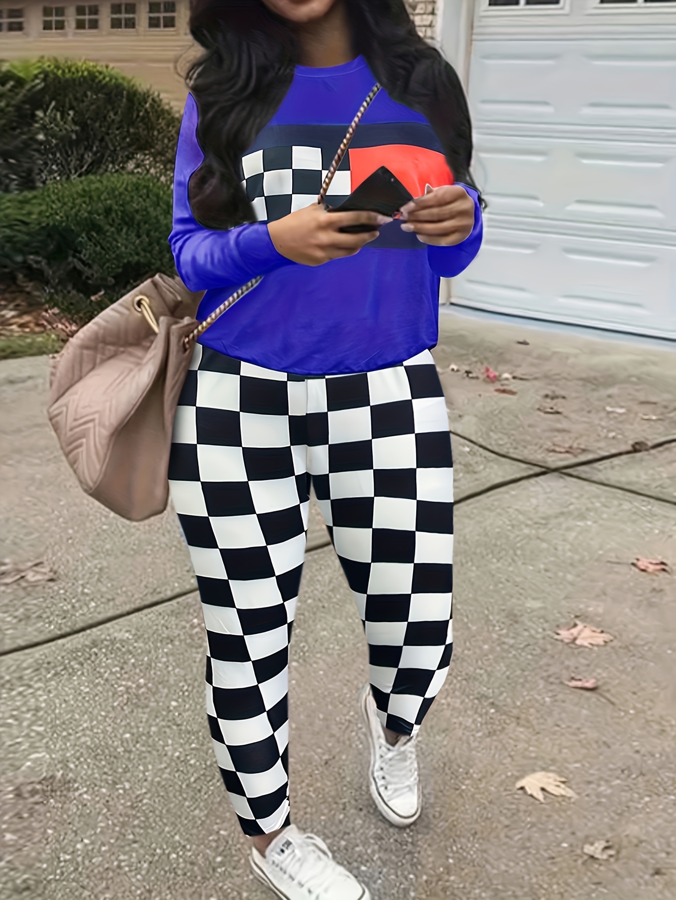 LW Round Neck Plaid Print Pants Set