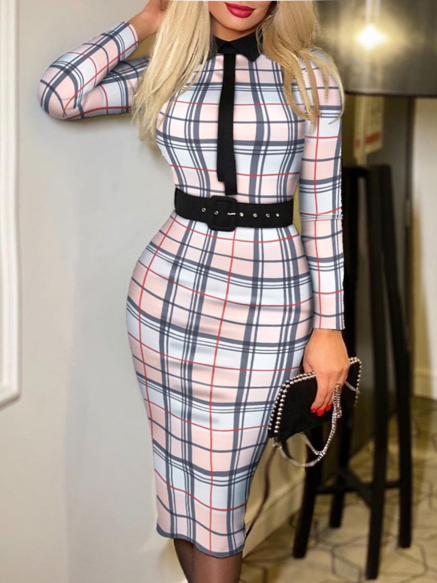 LW Plus Size Plaid Print Belt Design Bodycon Dress