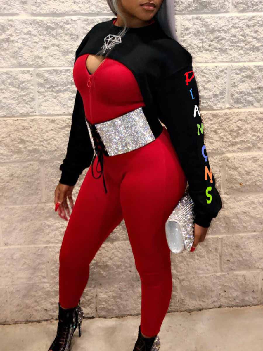 LW Letter Print Zipper Design Skinny Jumpsuit Set