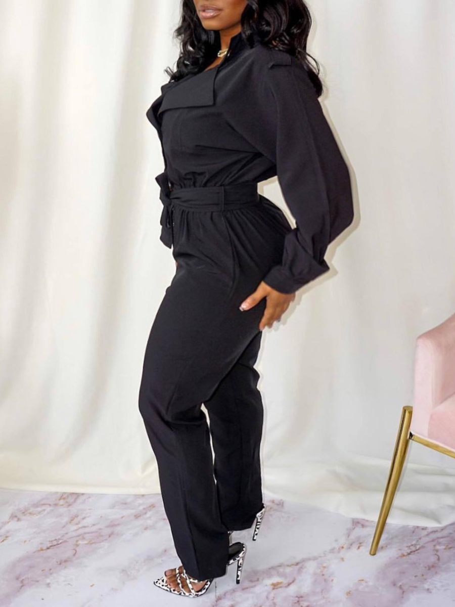 LovelyWholesale Plus Size Button Bandage Design Jumpsuit Fall Long Sleeve Street Turndown Collar  3X Spring Summer 2024