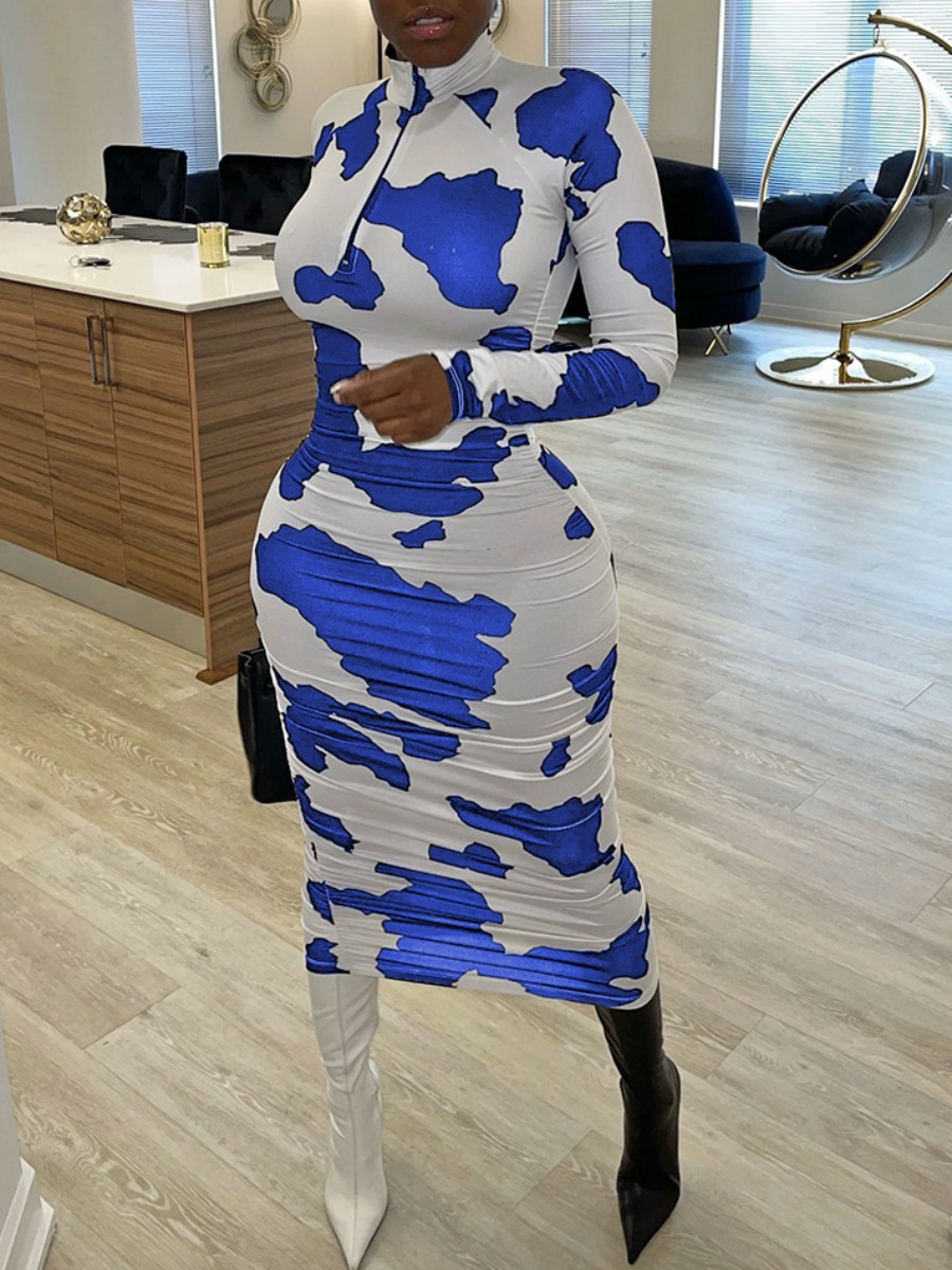LW Turtleneck Cow Print Bodycon Dress