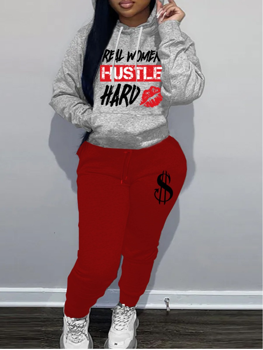 LovelyWholesale Lip Letter Print Kangaroo Pocket Tracksuit Set Fall Long Sleeve Casual Hooded Collar Spring Summer 2024