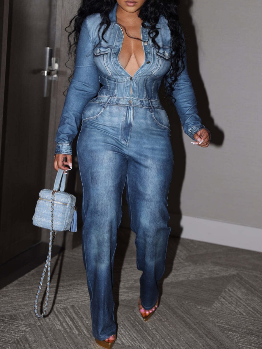 LovelyWholesale Imitation Denim Pocket Button Design Jumpsuit Fall Long Sleeve Street Turndown Collar Spring Summer 2024