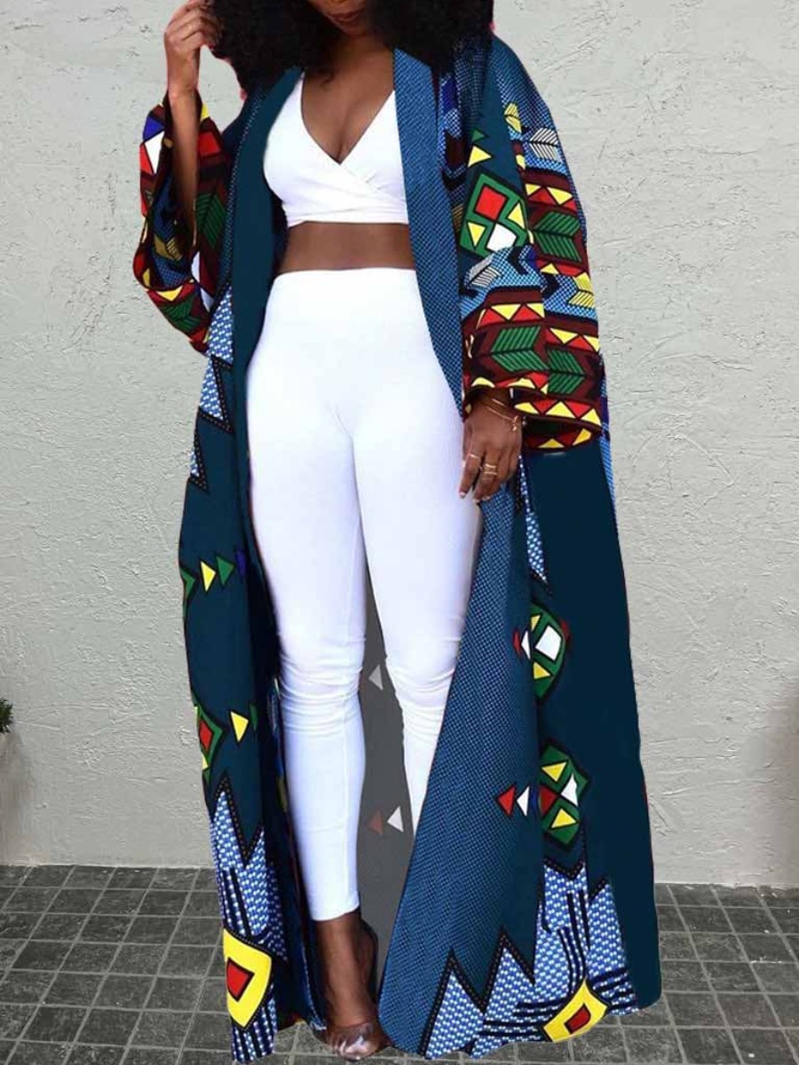 LW Plus Size Geometric Afro Print Loose Trench Coat