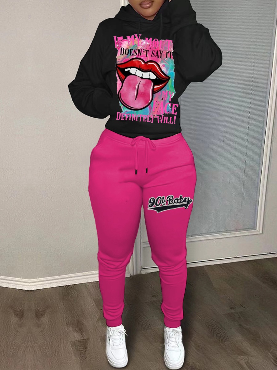 LW Letter Lip Print Kangaroo Pocket Tracksuit Set