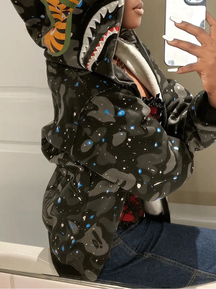 LW Plus Size Fish Mouth Camo Print Jacket