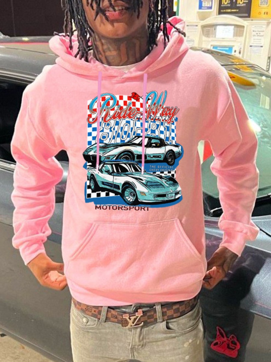 LW Men Racing Car Plaid Letter Print Kangaroo Pocket Hoodie
