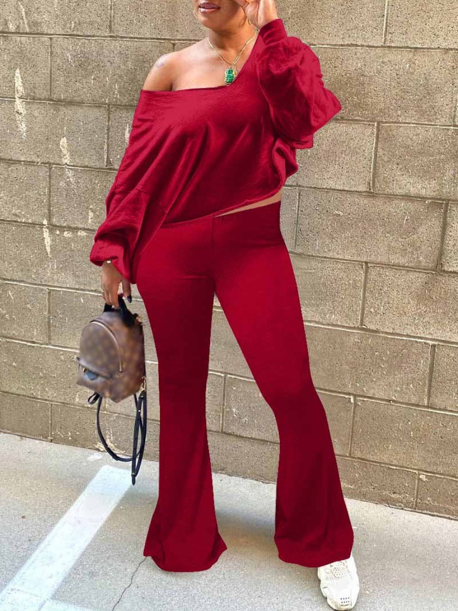 LW BASICS V Neck Loose Flared Pants Set