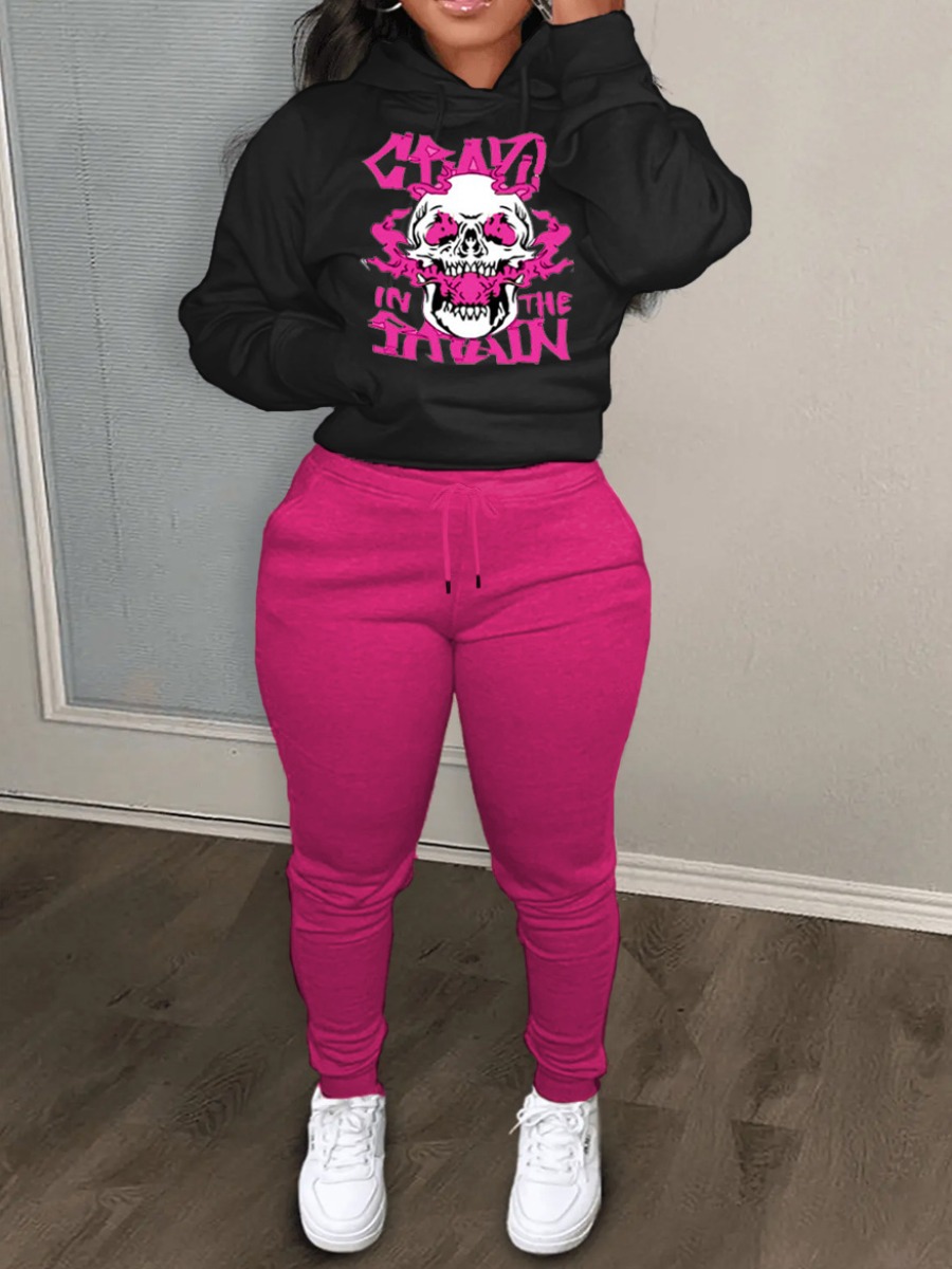 LovelyWholesale Skull Head Letter Print Kangaroo Pocket Tracksuit Set Fall Long Sleeve Casual Basic Hooded Collar Spring Summer 2024