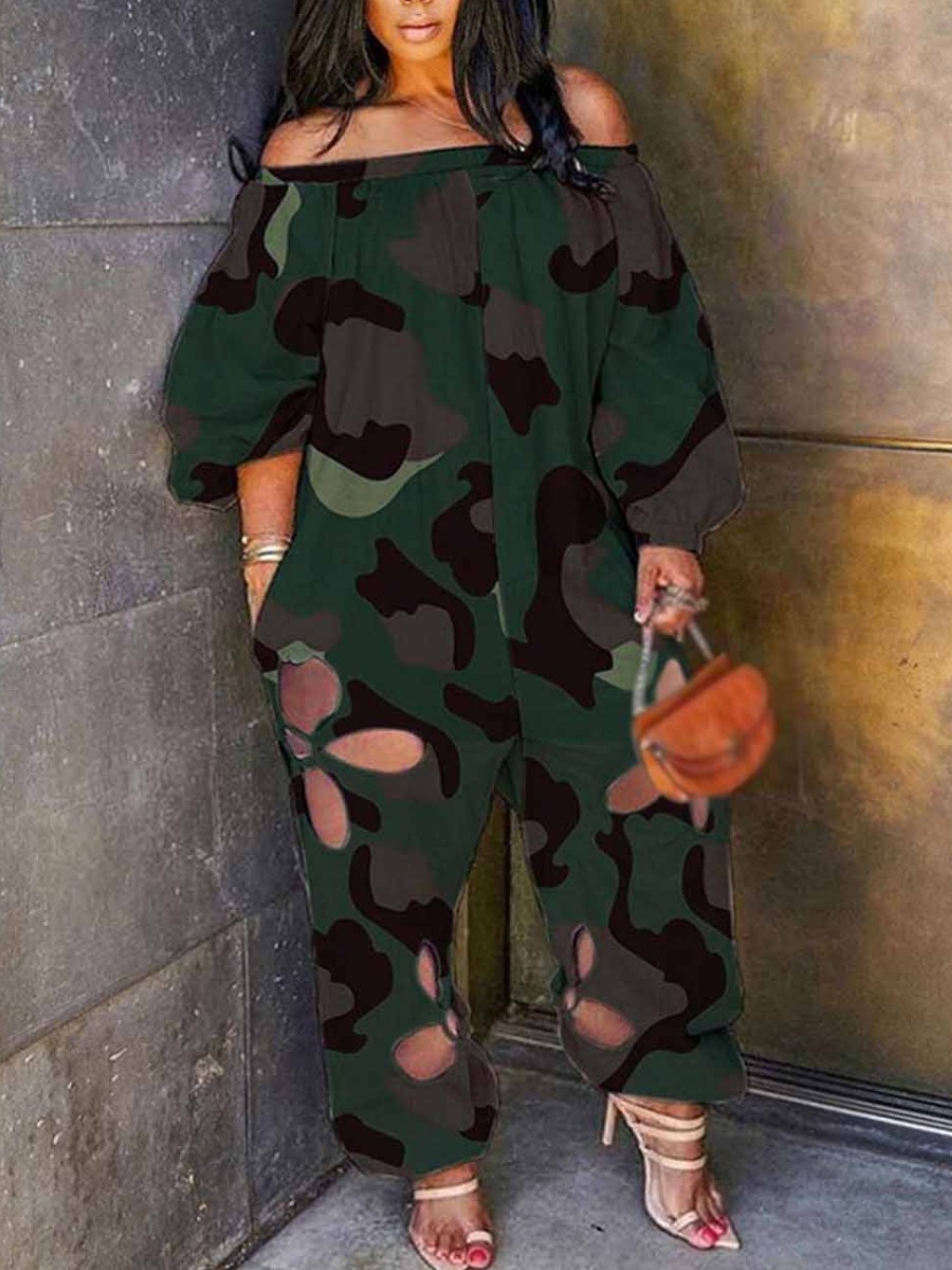 LW Plus Size Off The Shoulder Camo Print Cut Out Jumpsuit
