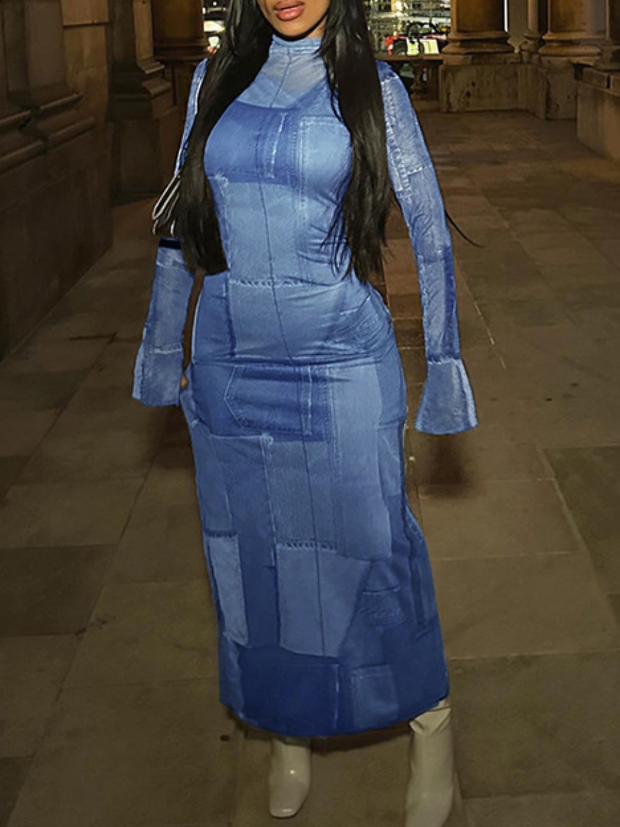 LW Imitation Denim Flared Bodycon Dress