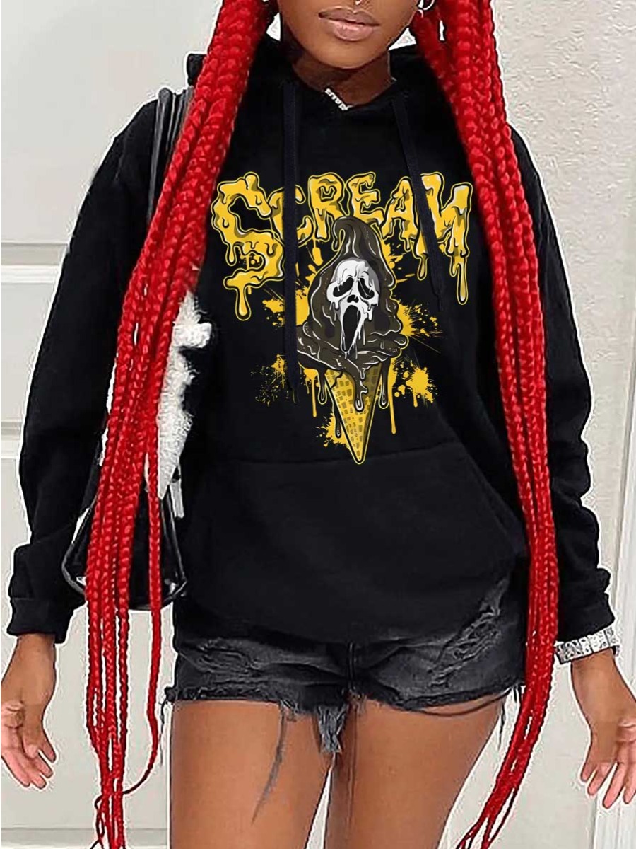 LW Plus SizeSkull Head Letter Print Kangaroo Pocke