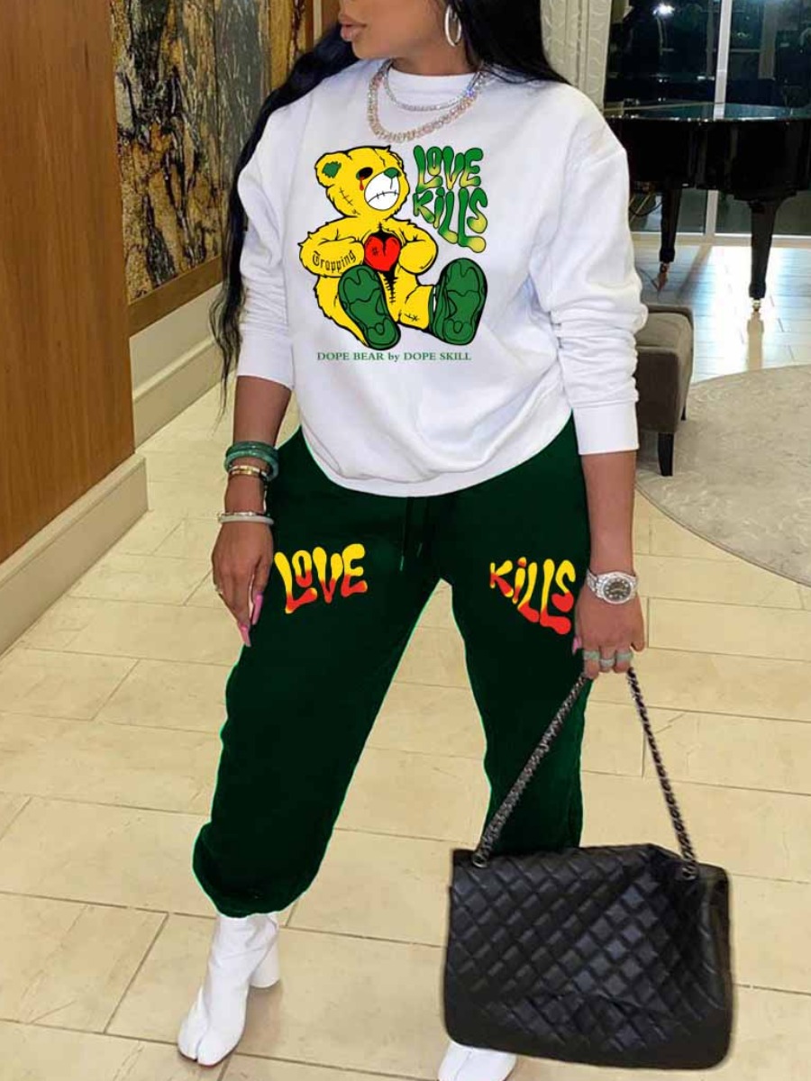 LovelyWholesale Plus Size Teddy Bear Love Letter Print Pants Set Fall Long Sleeve Casual Pattern Round Neck  3X Spring Summer 2024