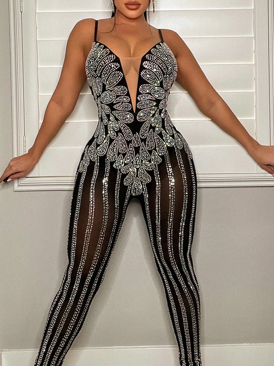 LovelyWholesale SXY Rhinestone See Through Cami Jumpsuit Spring|Summer Sleeveless Sxy Spaghetti Strap Spring Summer 2024