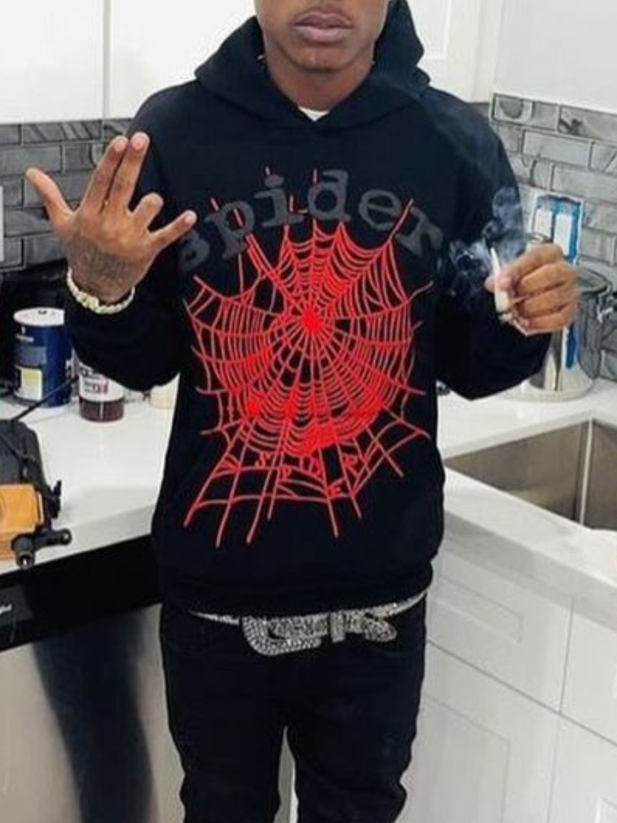 LW Men Spider Web Letter Print Kangaroo Pocket Hoodie