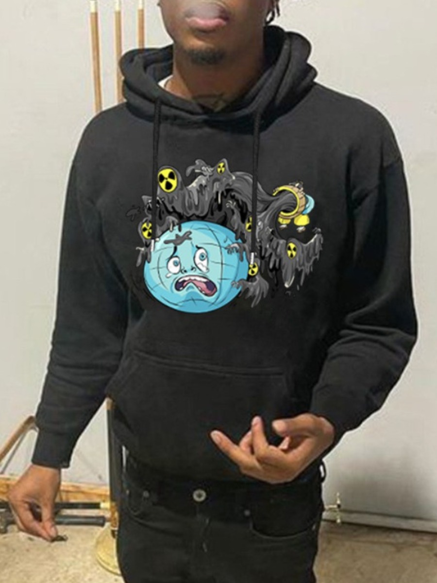 LW Men Cartoon Print Kangaroo Pocket Hoodie