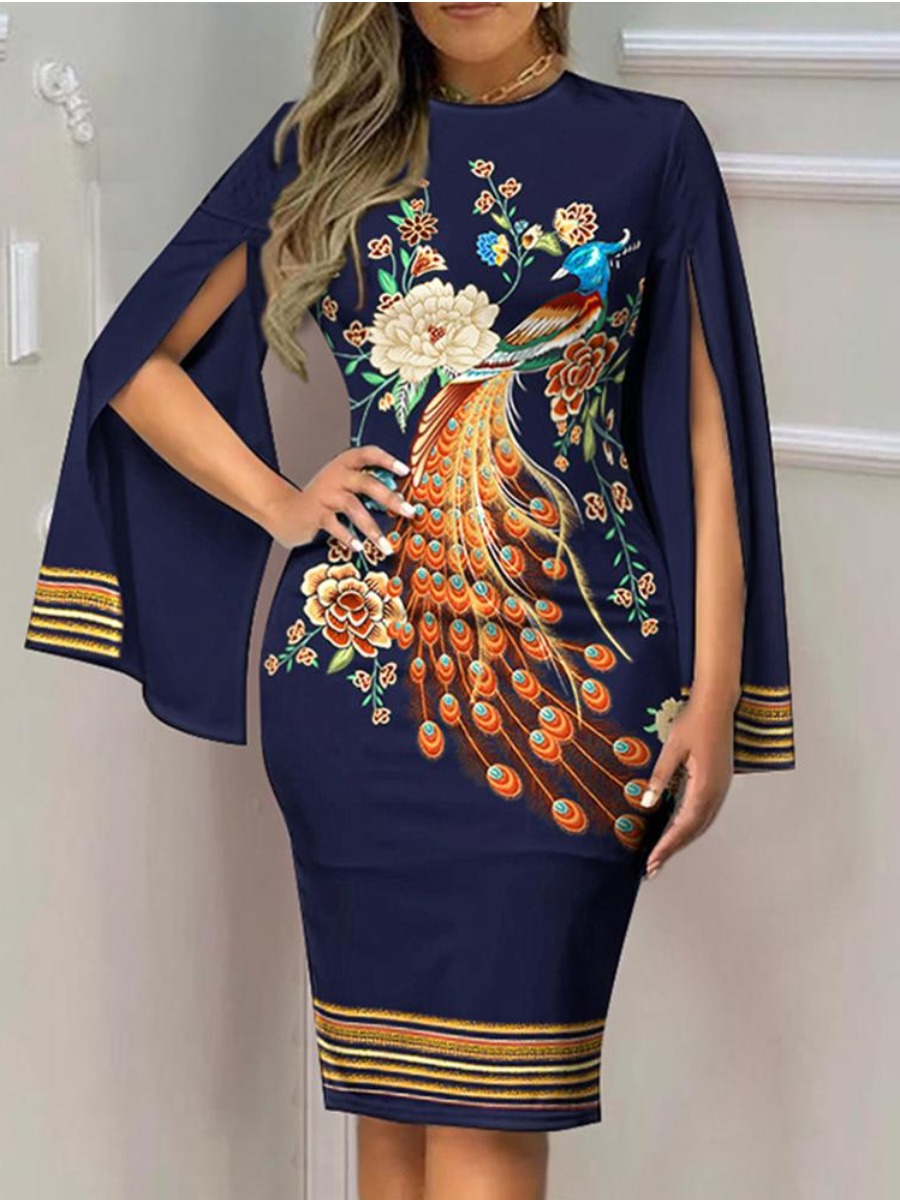 LW Plus Size Peacock Floral Print Striped Bodycon Dress