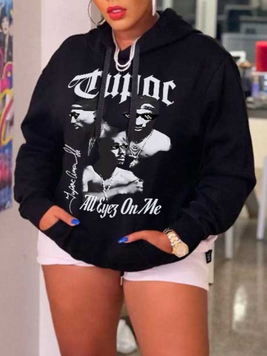 LW Plus Size Figure Letter Print Kangaroo Pocket Hoodie