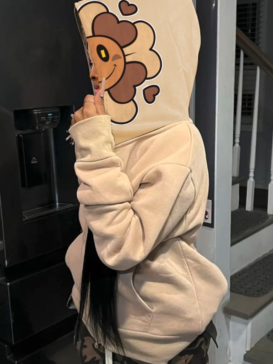 LovelyWholesale Cartoon Letter Print Kangaroo Pocket Jacket Fall Nine Points Sleeve Casual Hooded Collar  3X Spring Summer 2024