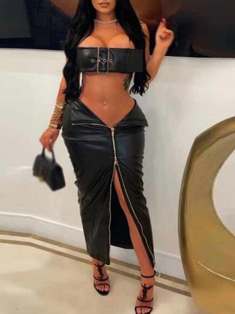 LW SXY Plus Size Faux Leather Belt Zipper Design Skirt Set