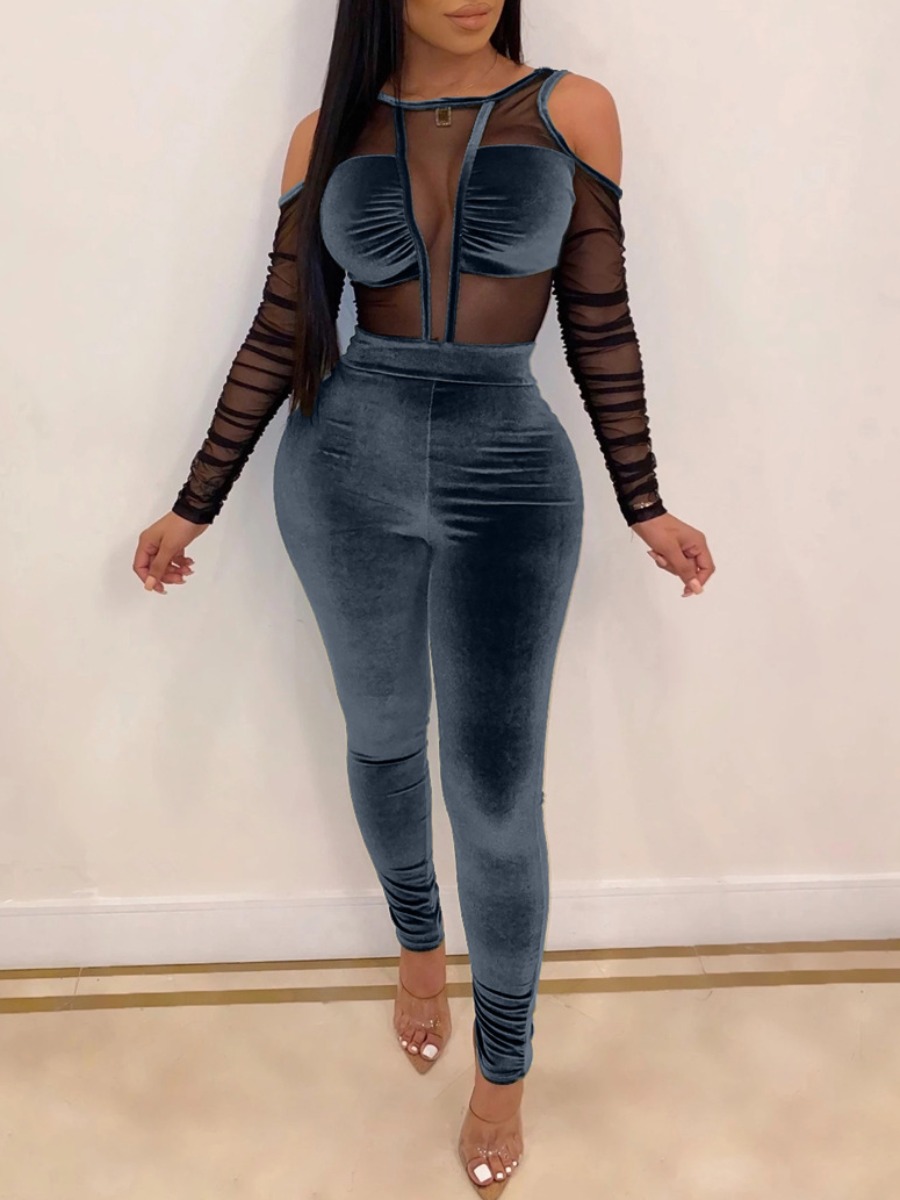 LW SXY Velvet See Through Cut Out Skinny Jumpsuit
