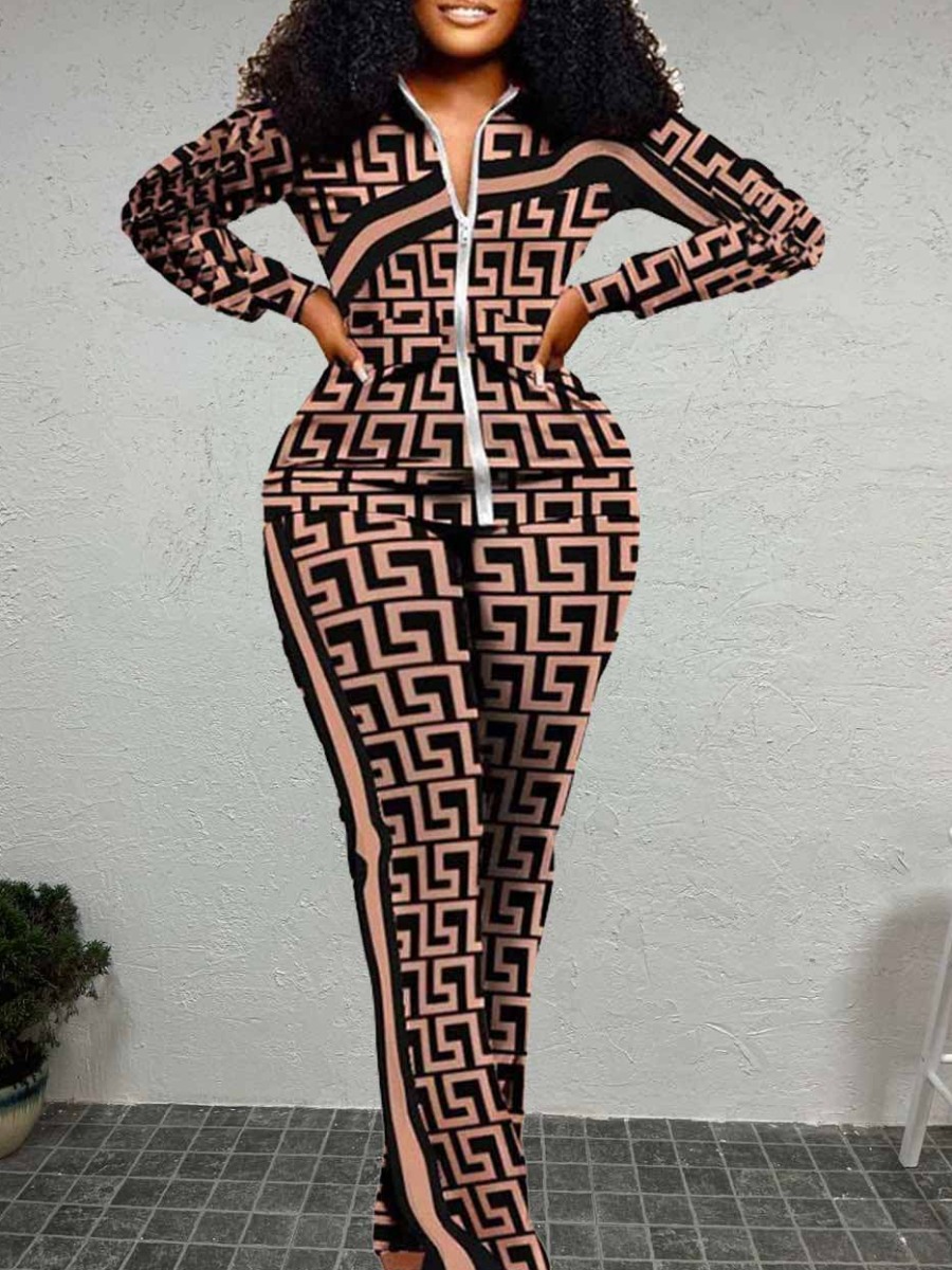 LW Plus Size Geometric Print Striped Flared Pants Set