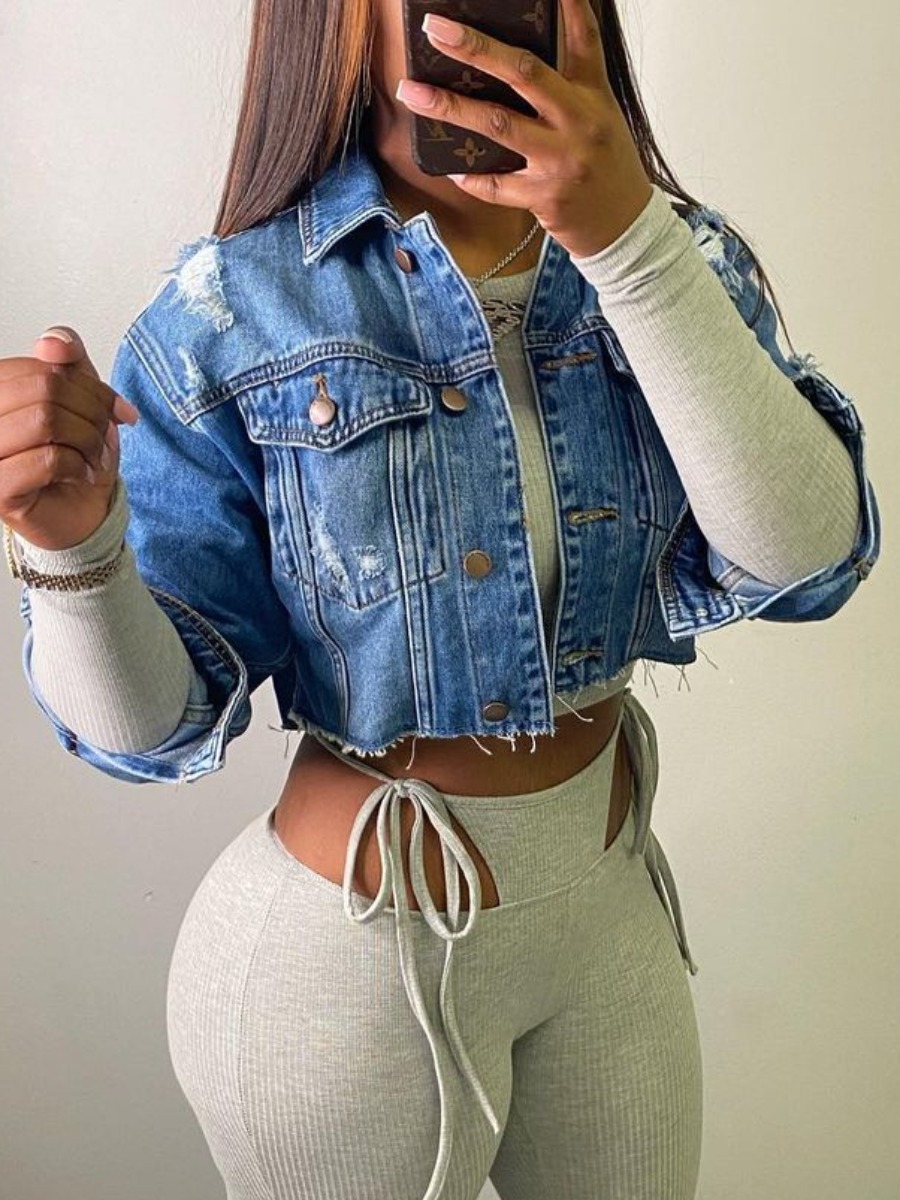 LovelyWholesale Turndown Collar Ripped Raw Edge Denim Jacket Fall Nine Points Sleeve Street Turndown Collar Spring Summer 2024