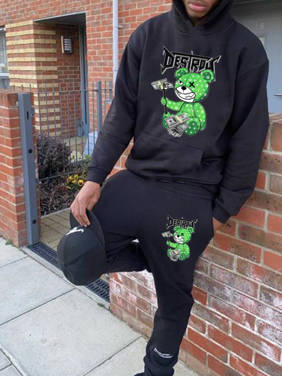 LW Men Cartoon Letter Print Kangaroo Pocket Tracksuit Set