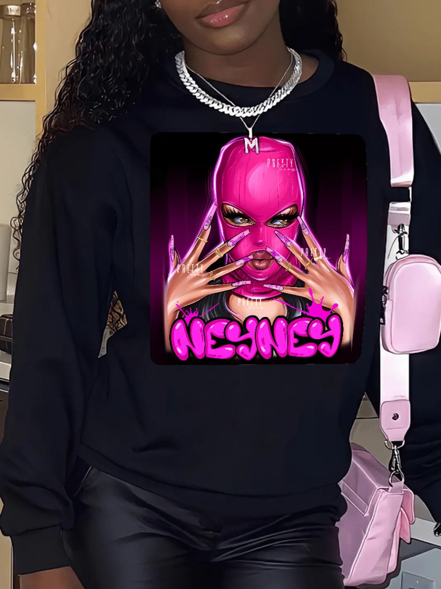 LovelyWholesale Masked Face Letter Print Sweatshirt Fall Long Sleeve Casual Pattern Round Neck Spring Summer 2024