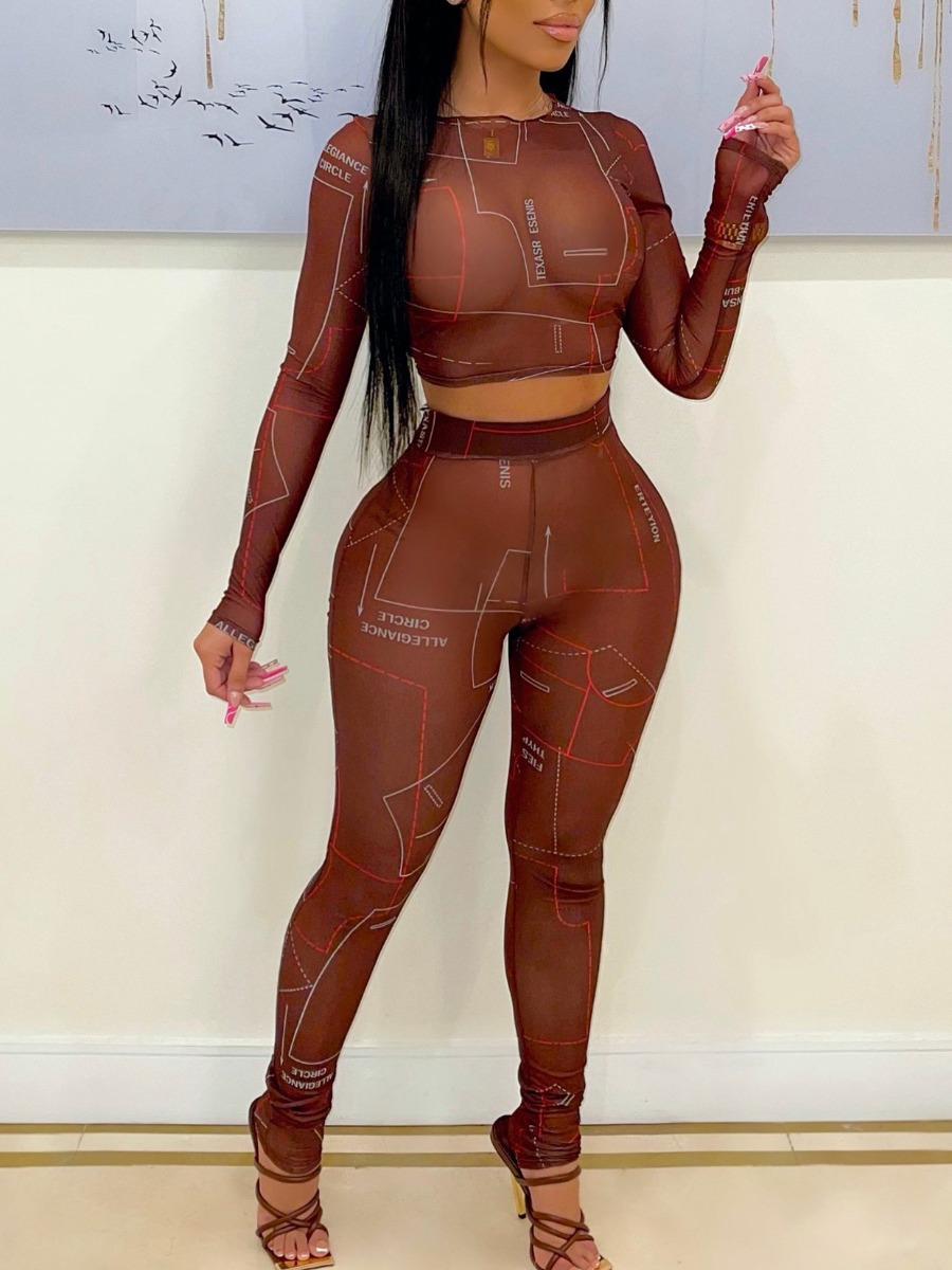 LW Crop Top Letter Print See Through Skinny Pants 