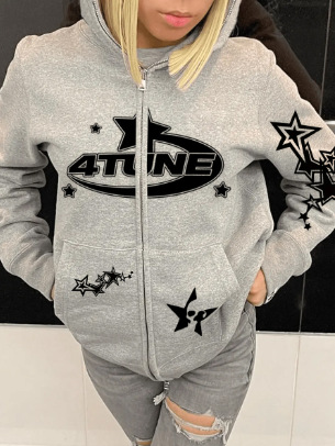 LovelyWholesale Star Letter Print Kangaroo Pocket Jacket Fall Nine Points Sleeve Street Zipper Design Hooded Collar Spring Summer 2024