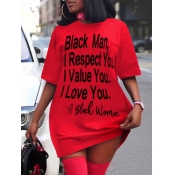 LW Plus Size Leisure O Neck Letter Print Red Mini 