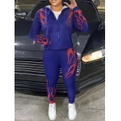 LW Hooded Collar Flame Print Tracksuit Set