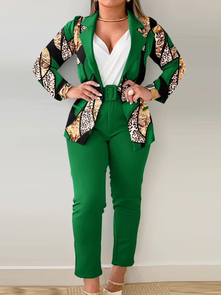 LW Plus Size Leopard Print Belt Design Blazer Pants Set